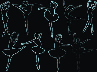 Wall Mural - nine ballet dancer cyan outlines on black