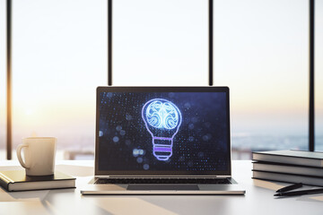 Poster - Creative light bulb with human brain hologram on modern laptop monitor, artificial Intelligence and neural networks concept. 3D Rendering