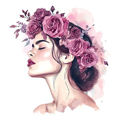 Wall Mural - beautiful woman with flowers in her hair and a wreath of roses