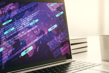 Poster - Modern computer monitor with abstract programming language with world map, research and development concept. 3D Rendering