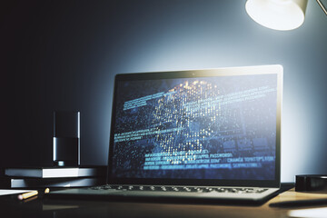 Poster - Creative concept of code skull illustration on modern laptop screen. Hacking and phishing concept. 3D Rendering
