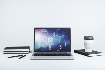 Poster - Creative concept of USD symbols illustration on modern laptop screen. Trading and currency concept. 3D Rendering