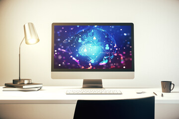 Aufkleber - Social network media concept with world map on modern computer monitor. 3D Rendering