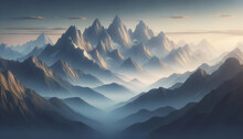 Twilight Descends On Layered Mountain Ranges With Ethereal Fog. Generative AI