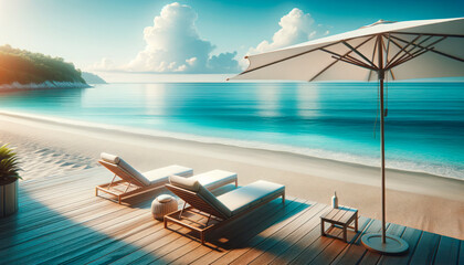 Poster - Luxurious beach resort relaxation area with sunbeds under umbrella, serene ocean view. Vacation concept. Generative AI