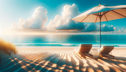 Poster - Sunset beach resort with sunbeds under umbrella, fluffy clouds over calm sea. Leisure concept. Generative AI