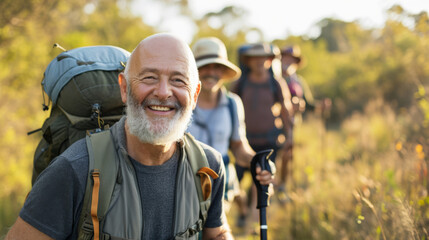 Poster - cheerful older man with a beard leads a group of fellow hikers on a sunny trail, all wearing backpacks and outdoor gear.