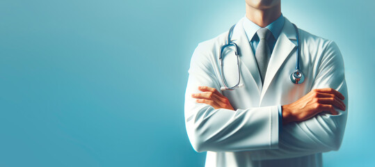 Poster - Confident male doctor with crossed arms standing on a blue background. Healthcare professionalism concept. Generative AI