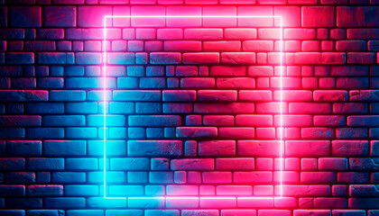 Poster - Illuminated neon outline on textured brick, electric blue and pink. Generative AI