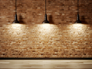 Poster - Three pendant lights casting warm glow on textured brick wall. Interior design concept. Generative AI