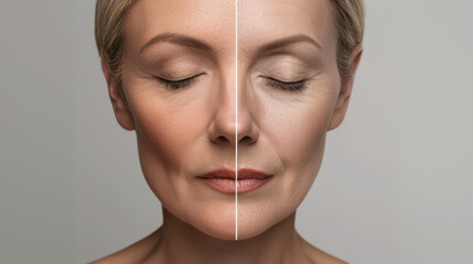 Wall Mural - close-up of a woman's face showing a comparison between youthful skin on one side and aged skin with wrinkles on the other, against a neutral background