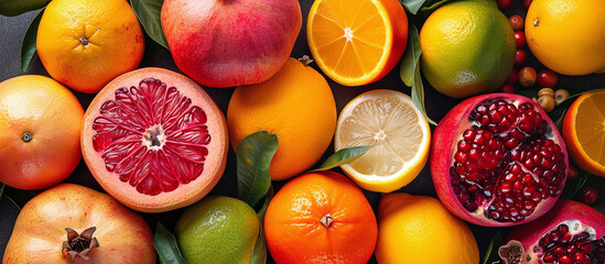 A vibrant assortment of seasonal winter fruits, from juicy citrus to juicy pomegranate.