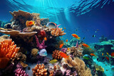 Fototapeta Do akwarium - Underwater Coral Reef with Colorful Fish and Sunrays Ideal for Conservation and Tourism Industries