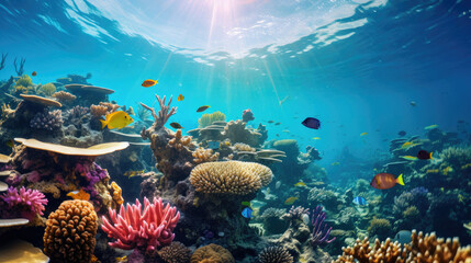 Wall Mural - Underwater paradise of a vibrant coral reef bustling with diverse marine life ideal for nature themes, tourism and conservation efforts