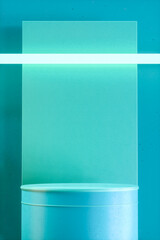 Poster - blue 3d render cylinder stand podium with yellow neon light