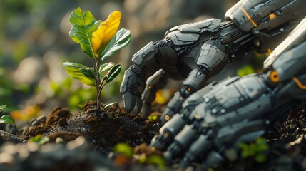 Wall Mural - A close-up of a robotic hand planting the last tree in a newly terraformed world. 