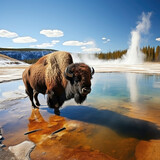 Bison in front of a geyser at Yellowstone National Park symbolizing wild beauty and American nature tourism