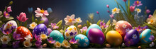 Spring Easter Background With Painted Eggs And Flowers