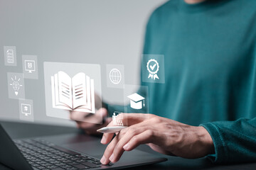 E-learning education concept. Person use laptop with virtual screen of online e-learning icon for increase business working skills. learning online with webinar, video tutorial, internet lessons.