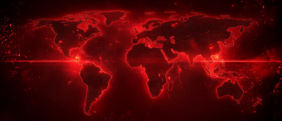 The world map in digital neon and red design 