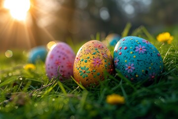Wall Mural - A vibrant display of easter joy, as intricately decorated eggs rest upon a bed of lush green grass, their spherical shapes reflecting the beauty of nature in this outdoor scene