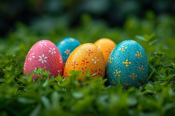 Wall Mural - A vibrant gathering of easter eggs, adorned with intricate decorations, nestled in a bed of lush green grass