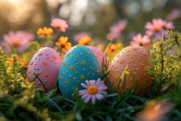 Wall Mural - Vibrant easter eggs adorned with delicate flowers rest in a lush bed of grass, evoking feelings of springtime joy and the beauty of nature's creations