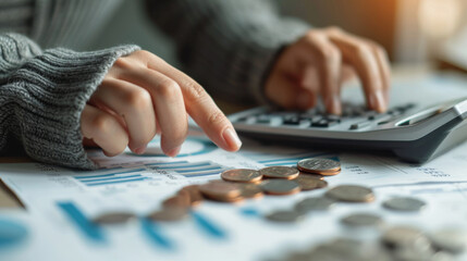 Canvas Print - close-up of a hand using a pen to press a button on a calculator with coins and financial documents on a table