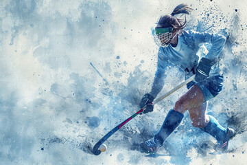 Wall Mural - Field Hockey player in action, woman blue watercolour with copy space