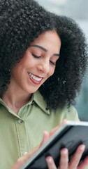 Aufkleber - Tablet, smile and business woman research info, typing or reading email notification in startup office. Digital technology, happy professional and creative designer on internet, app or scroll online