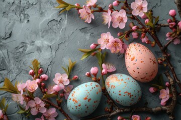 Wall Mural - Delicate easter eggs nestled among blooming pink flowers, adding a touch of springtime charm to a peaceful branch