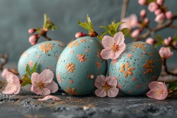 Wall Mural - A springtime celebration awaits as a cluster of intricately designed blue eggs, adorned with delicate flowers, symbolize the joy and renewal of easter