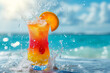 fruit on cocktail beach getting splashed. collection of fruit juice colorful splashes on a sea. colorful cocktail with splashes and drops. Cocktails collection. Mixed fruits.