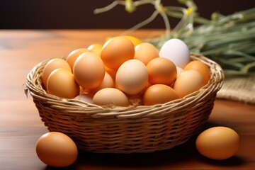 A rustic composition of wicker basket filled with a variety of fresh farm eggs on a wooden table.