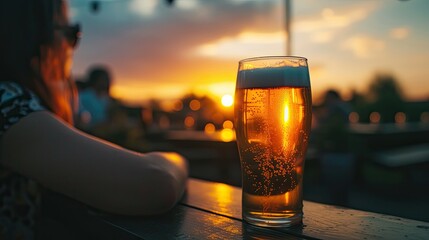 Poster - A glass with a drink on a wooden table against the background of a city sunset and a girl.