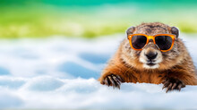 Funny Groundhog In Sunglasses On The Snow, Blurred Green Grass Background, Happy Groundhog Day Concept, Copy Space, Welcome Spring Coming