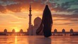A Muslim woman in a niqab walking towards a big mosque, her figure silhouetted against the evening lights, back view