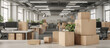 Big open plan office space with office furniture Packing cardboard mockup boxes and cartons at the foreground. Moving in or out and relocation services. Closing down or opening business. Delivery
