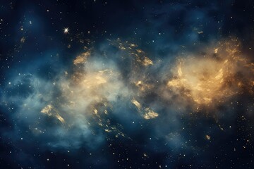 Night sky with gold constellations, stars and clouds on dark blue background. Space, astronomical concept. Abstract golden yellow and blue glitter lights background. Festive backdrop for Christmas
