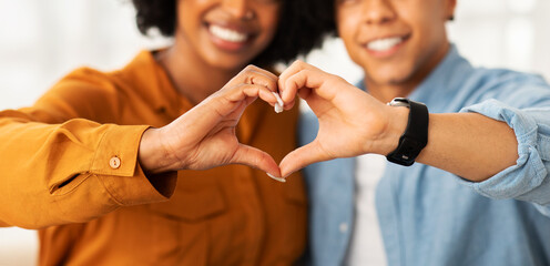 Wall Mural - A close-up of a happy couple creating a heart shape with their hands