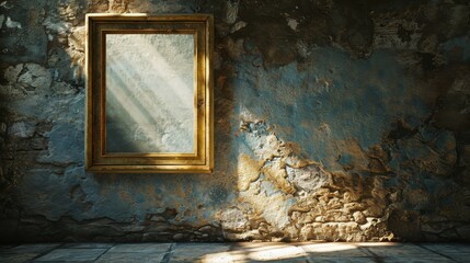 Wall Mural - Blank antique wooden picture frame hangs on an old stone wall with sunbeams