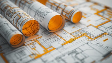 Poster - 3d rendering project of new building model house on blueprint plan