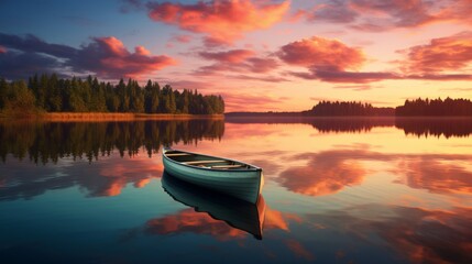 Canvas Print - A peaceful sunset scene on a calm lake with reflections and a rowing boat