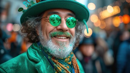 Wall Mural - A funny man wearing a leprechaun hat and glasses with clover leaves.