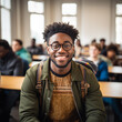 © Thy Art Studios - Young male black student wearing backpack sweater coat and glasses at school