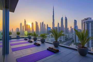 Wall Mural - Rooftop yoga class overlooking the city skyline