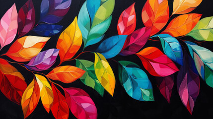 Wall Mural - Colors of rainbow. Pattern of multicolored leaves texture background. Bright colorful leaves isolated on black. Color concept. Colorful leaves spread out in large groups on black background,