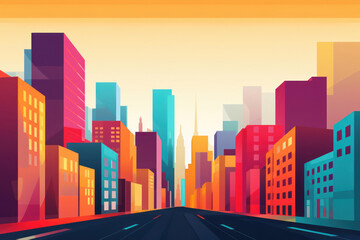 Wall Mural - Urban Landscape, Modern Skyscrapers: A Vibrant City Street with Business District in a Retro Cartoon Illustration.