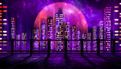 Wall Mural - Night neon city with skyscrapers, view from the balcony, big moon, neon.