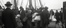 Busy Historical Quayside Scene With Immigrants And Travelers, Laden With Belongings, Conveying A Journey Of Hope